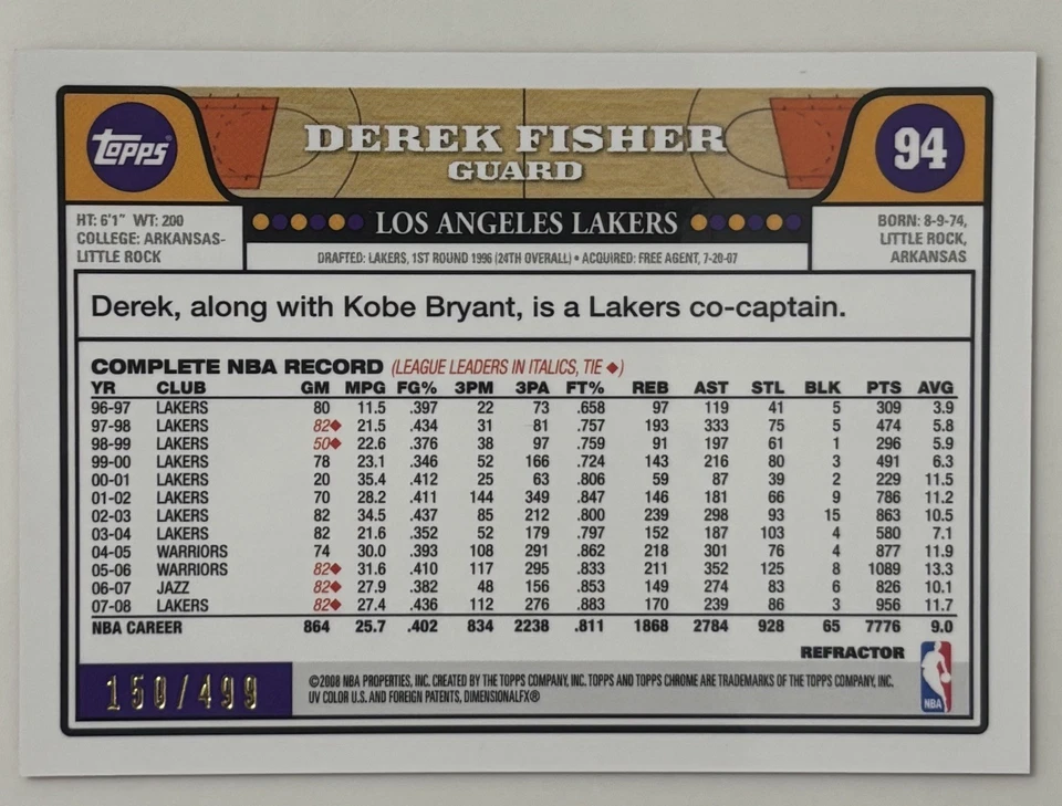 2008-09 Topps cromo naranja refractor/499 Derek Fisher #94, Los Angeles Lakers Foto 2 de 3