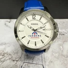 Fossil Watch Men Silver Tone Farmers Insurance Dial Blue Band New Battery 9.5"