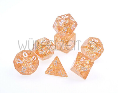 RPG 7 Polywürfel im Set  Gold m/weiss Glitter W4-W20 DnD Würfelzeit DSA