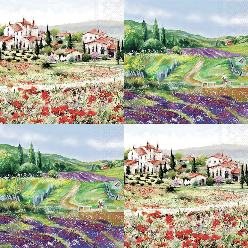 4 x Mixed Set Single Napkins/3Ply/33cm/Decoupage/Scenery/Tuscany/Lavender Fields
