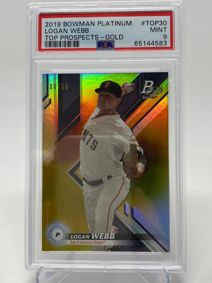 2019 Bowman Platinum Logan Webb GOLD Serial #8/50 - PSA 9 - Image 3 of 4