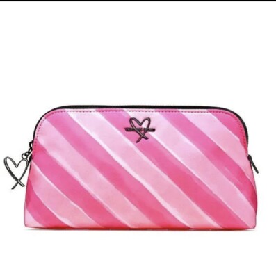 New Victoria's Secret Signature Stripes Beauty Bag Pink Travel Make up Pouch 