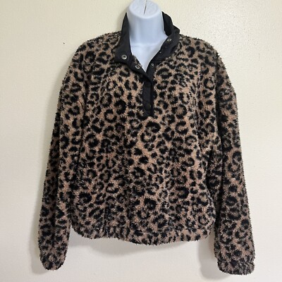 PacSun Womans Cropped Fleece Sweatshirt Size Brown And Black Leopard  Print