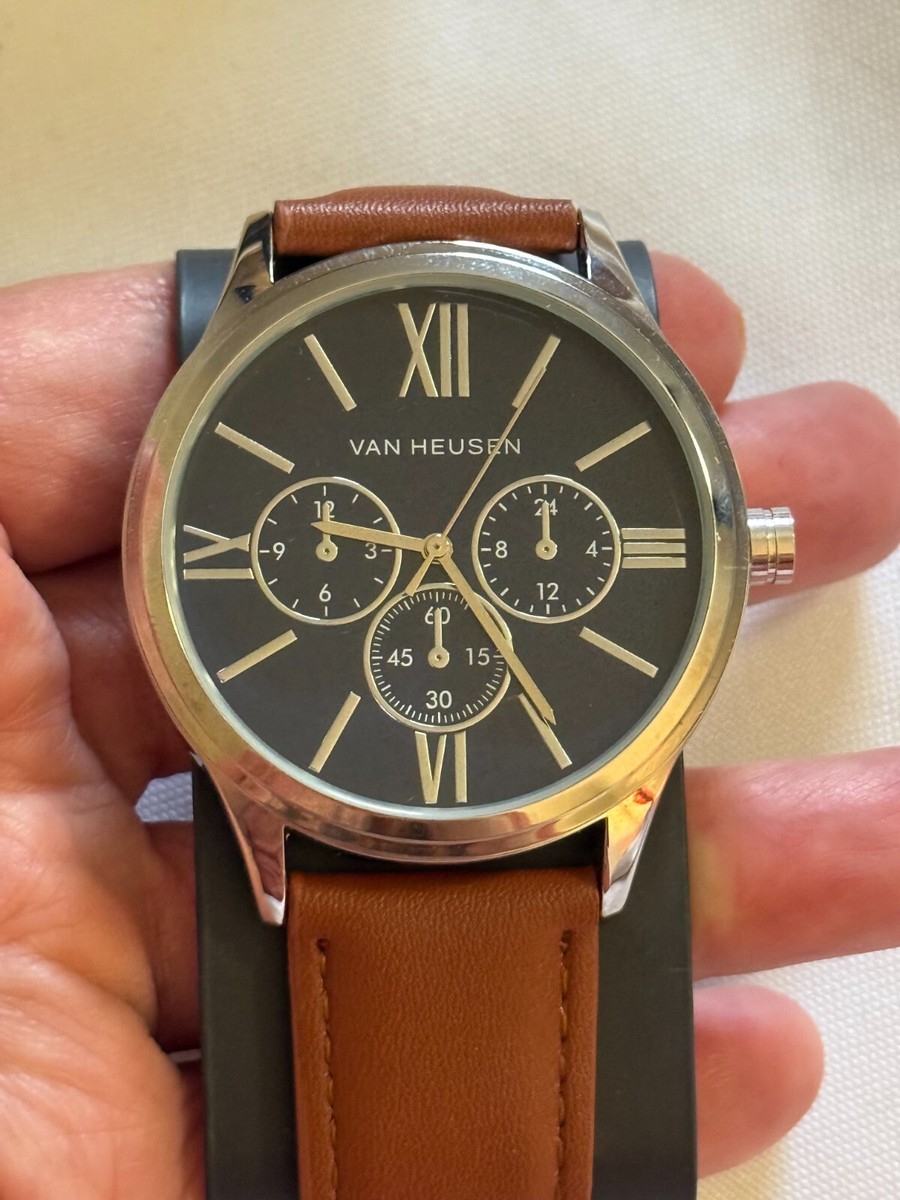 Van Heusen Men's Chrono Watch - Navy / Silver With Brown Band | eBay