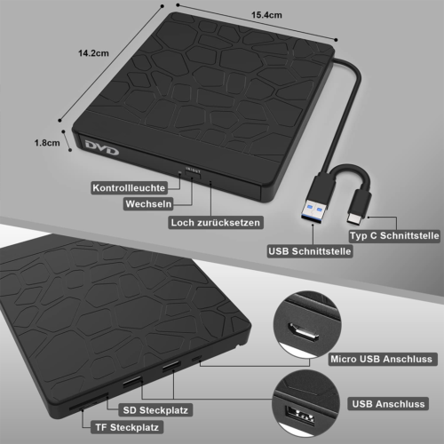External CD DVD Drive Type C USB 3.0 Disc Player Burner Writer For Laptop PC Mac - Picture 9 of 13