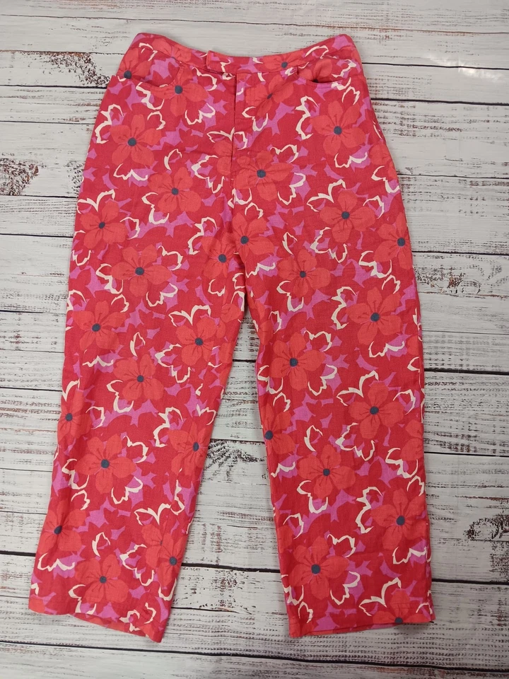 Pantalones boho Sigrid Olsen SO azules para mujer 10 rojos florales 100 % lino tobillo recto Foto 2 de 4