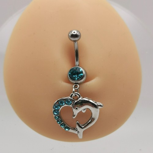 Piercing ombelico in acciaio Curvo banana ciondolo delfini cuore zirconi donna - Imagen 2 de 2