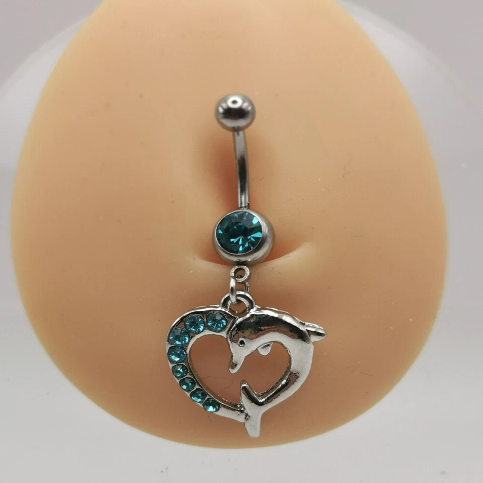 Piercing ombelico in acciaio Curvo banana ciondolo delfini cuore zirconi donna - Immagine 2 di 2