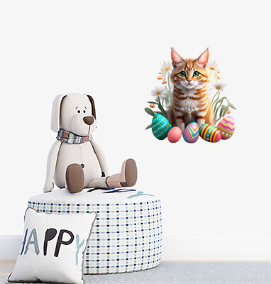 Osterkatze Blume Ei Wandkunst Schlafzimmer bunt Van Vinyl Aufkleber Aufkleber a8892