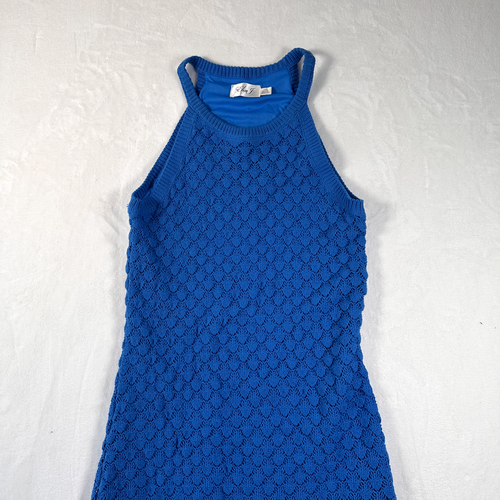 Eliza J Dress Womens Large Bright Blue Halter Crochet Sleeveless Midi Coastal