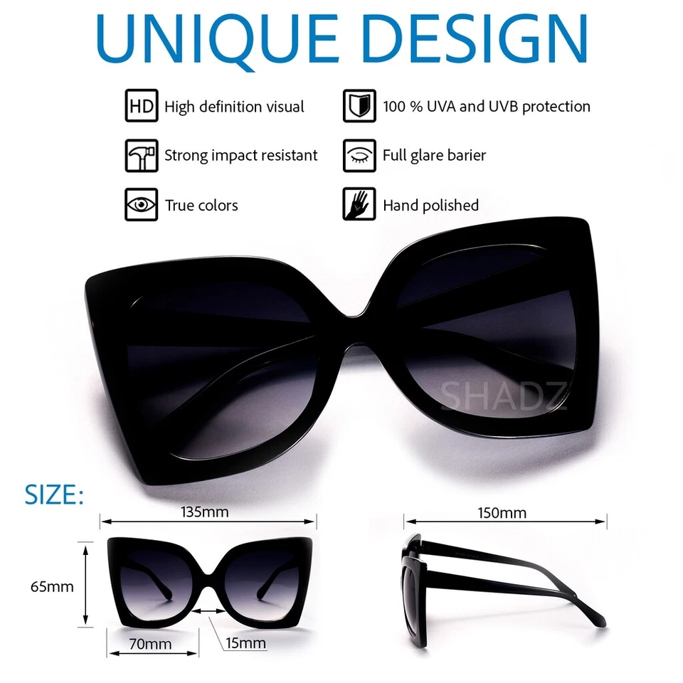 Gafas de sol grandes de gran tamaño "Jackie" MARIPOSA PARA MUJER parte superior plana cuadrada sombra Foto 2 de 4