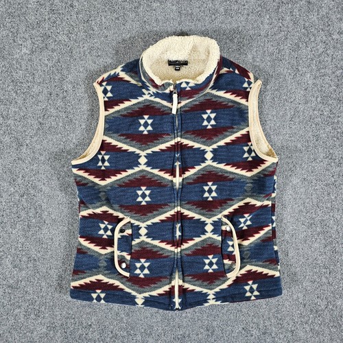 Jane Ashley Aztec Print Sherpa Lined Furry Zip Up Vest Blue/Red Women's Size XL