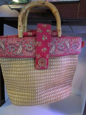 Maggi B Handbag Woven Straw Red Paisley Print Trim & Lining Bamboo Handles Purse