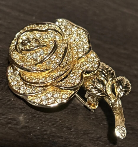 Stunning RARE Christian Dior Gold Plated Pave Rhinestones Rose Motif Pin Brooch
