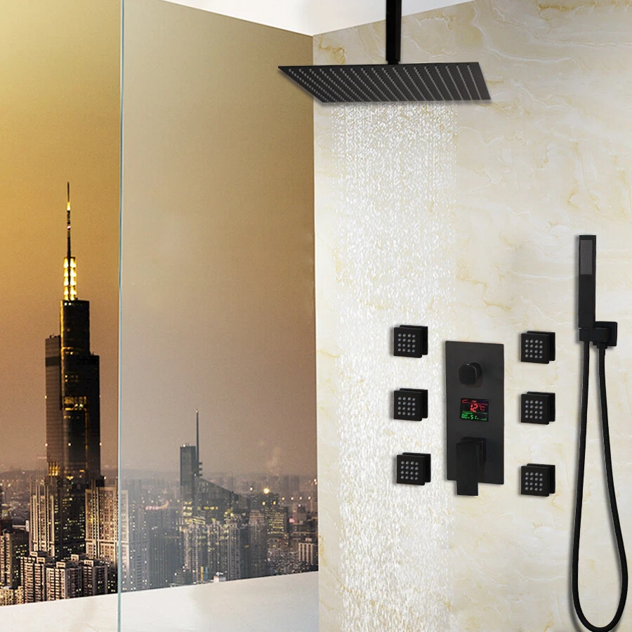 16" Bathroom Shower Faucet Black Massage Jets Square Rainfall Shower Head Set