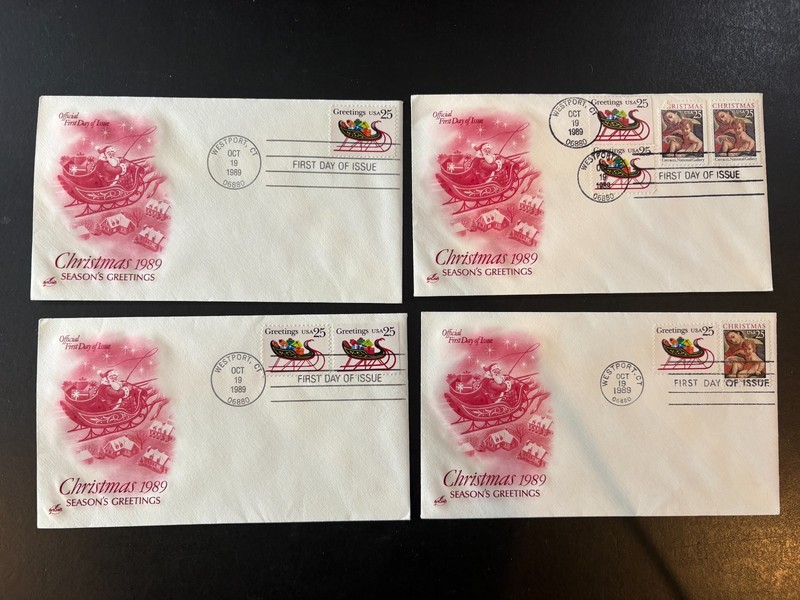1989 FDC First Day Cover Lot of 4 - Christmas - First Day of Issue Oct 19 b