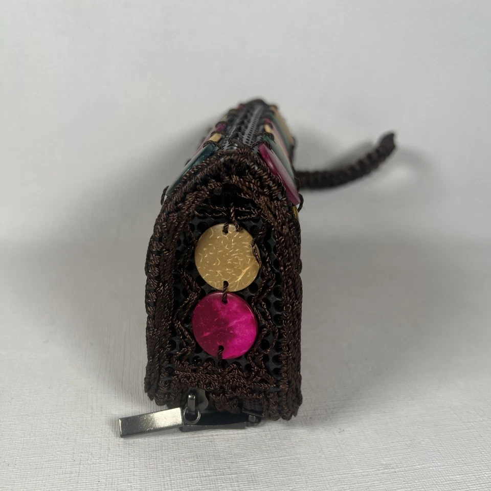 Crochet Multicolor Wooden Women’s Wallet Wristlet Barrel Shaped Zip Structured - Image 2 of 4