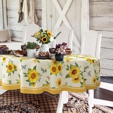 60x84 Inch Oval Sunflower Watercolor Floral Tablecloth Waterproof Dining