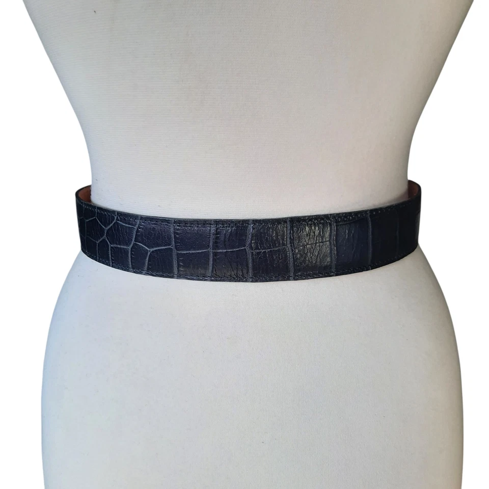 Vtg Blk Croc Embossed Leather Belt Gold Asymmetric Center Bar Buckle Sz M USA... - Image 3 of 4