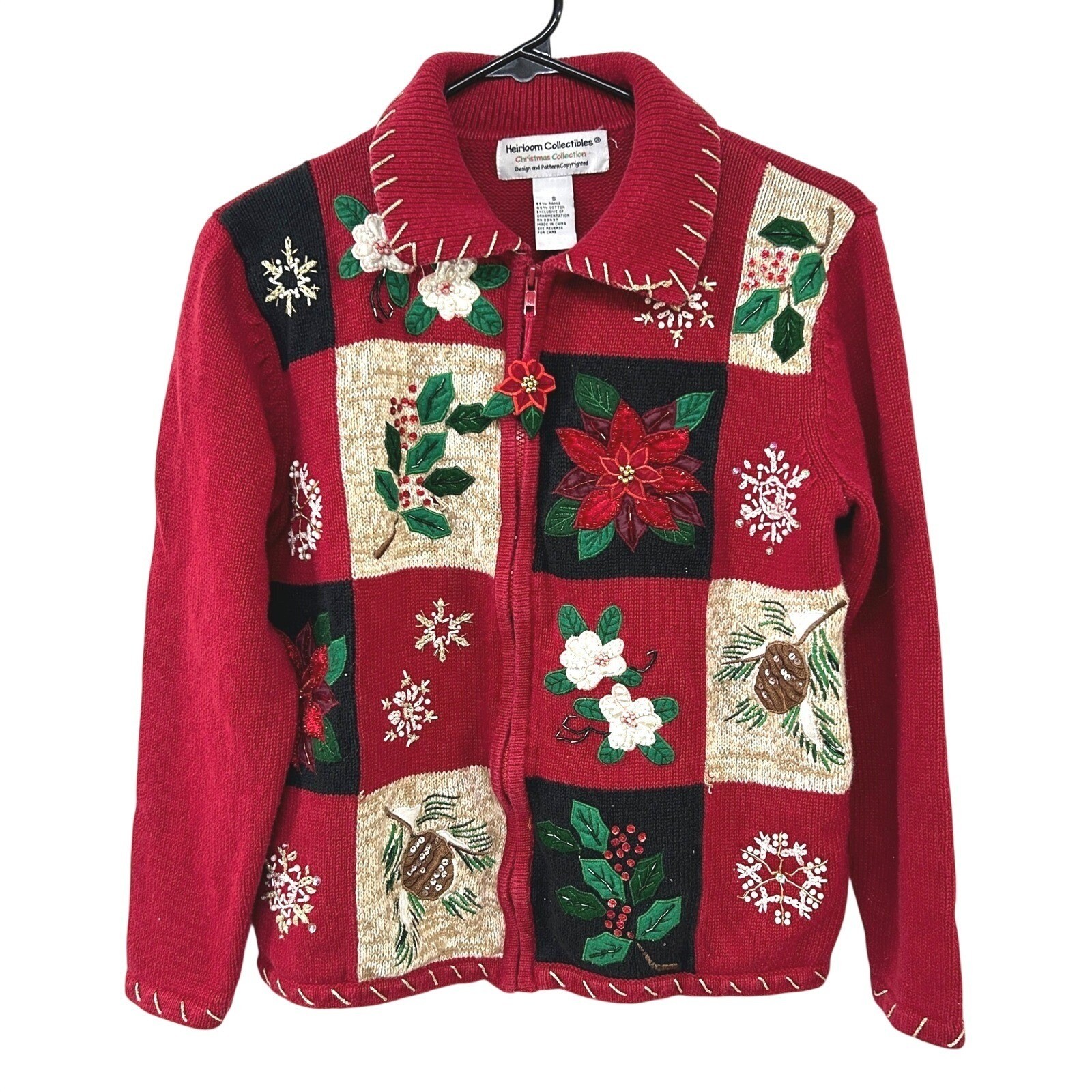 Christmas Embroidered Patchwork Zip Front Cardiga… - image 1