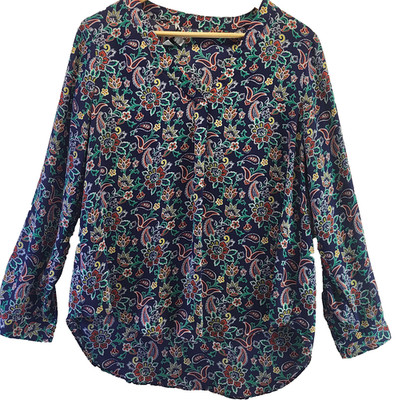 Rose Olive Shirt Womens Medium Blue Floral Long Sleeve V Neck Pullover Poly