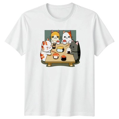 Eine Gruppe süßer Katzen fressen T-Shirt Sushi japanisches Futter Katzen