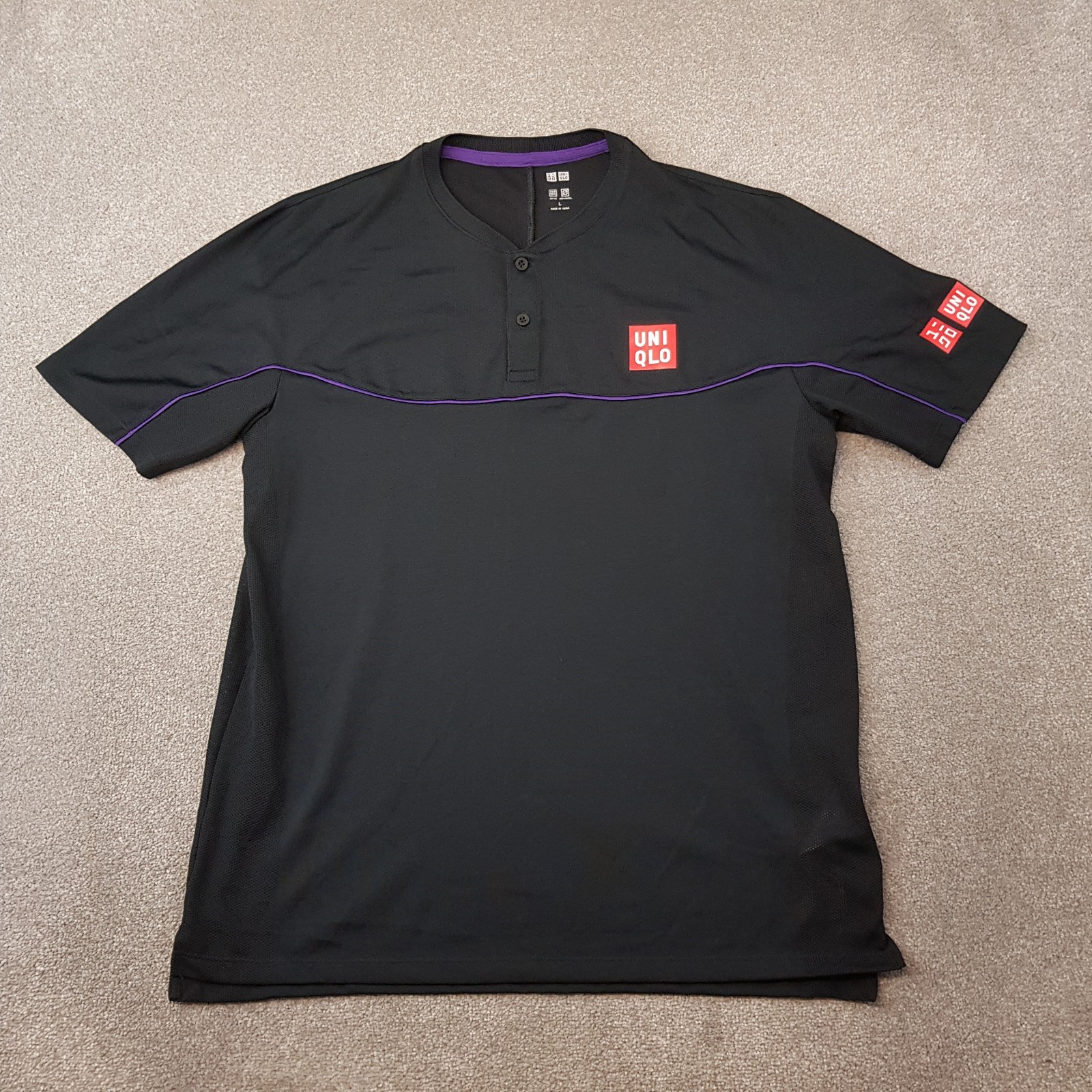 Uniqlo Mens Shirt Large Black Roger Federer Tennis Polo Box Logo US Open Sport