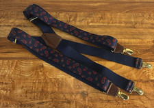Vintage CAS West Germany PaisleyNavy Blue Suspenders Braces Leather And Brass