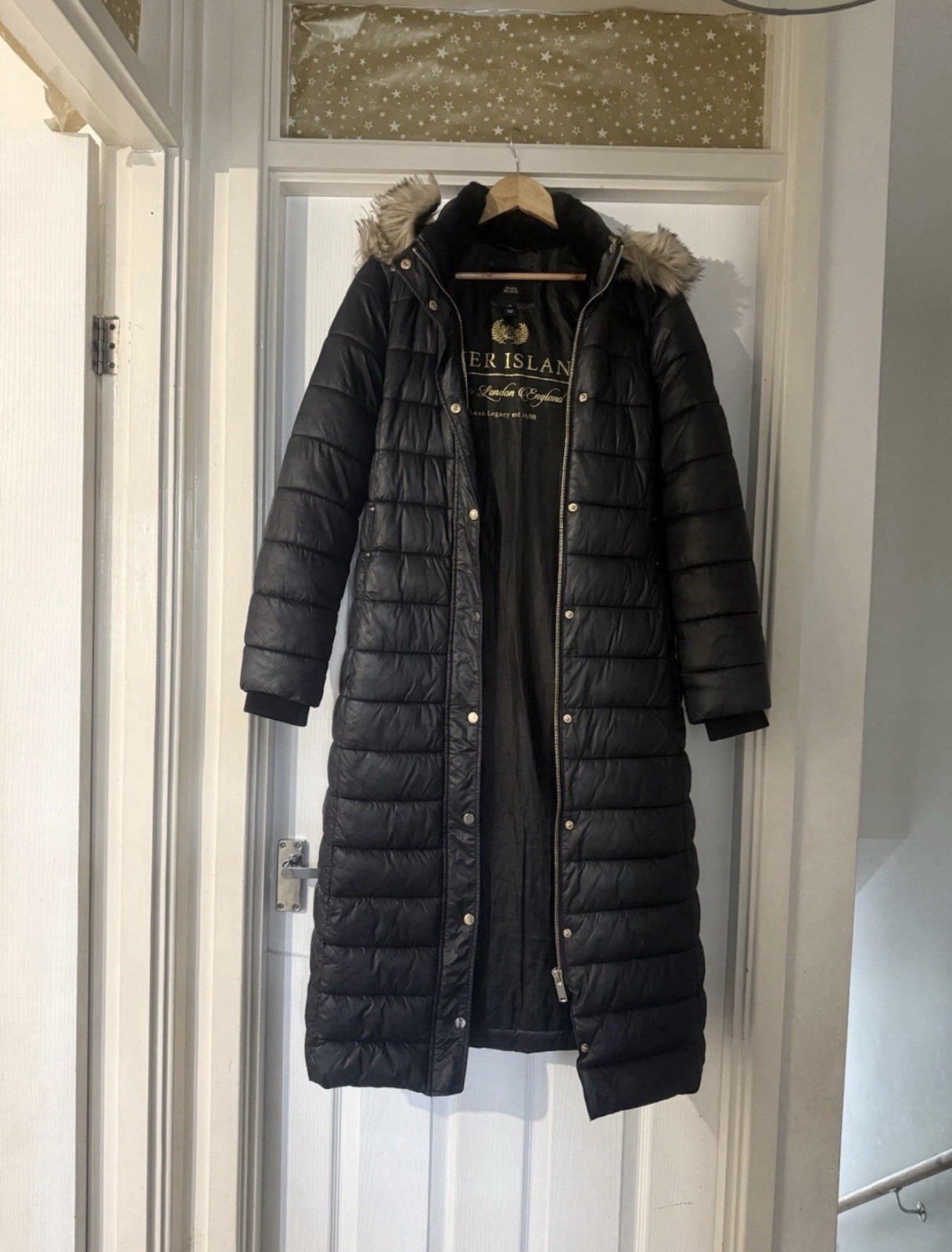 River Island Women's Long Puffer Jacket Size 10 Black Hooded Padded Coat Zip Up