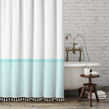 White Shower Curtain Aqua Striped with Tassels Summer Ocean Beach Theme Ombre Ba