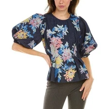 Gracia Denim Peplum Floral Puff-Sleeve Top Small Back Zip Cotton Blend