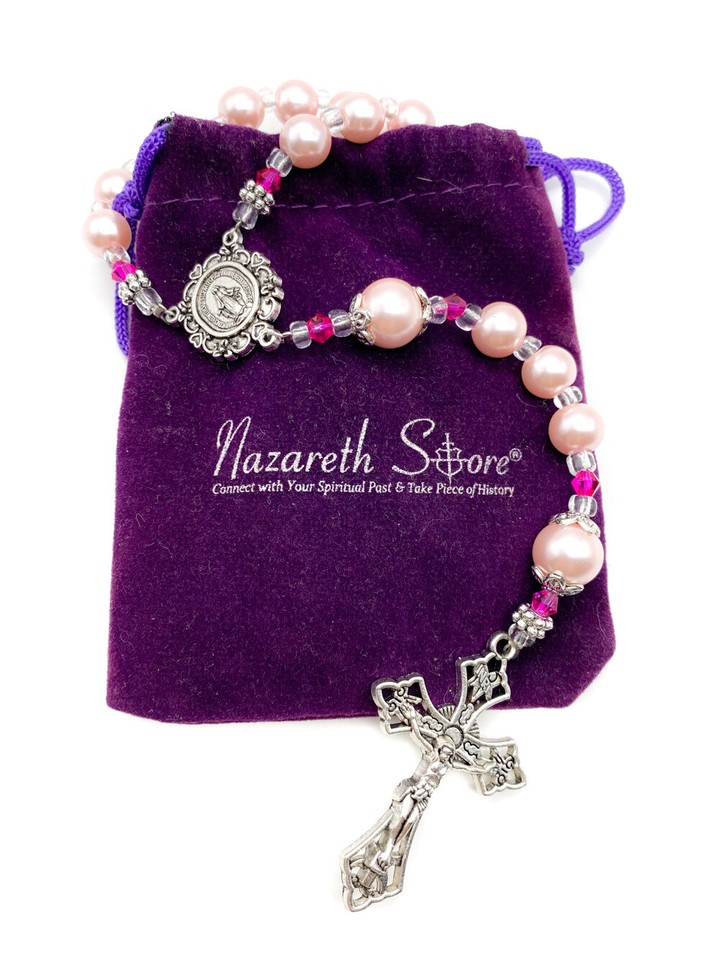 Pink Pearl Beads Rosary Catholic Necklace with Miraculous Medal