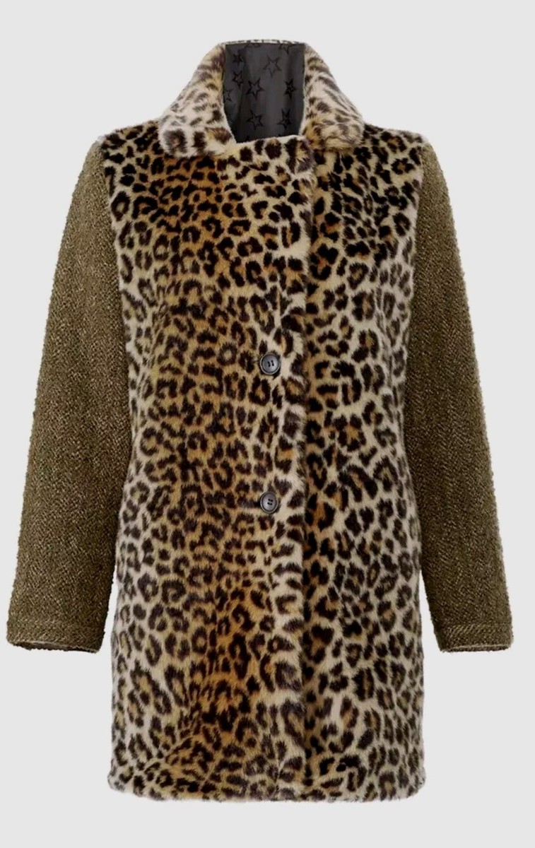 Scotch & Soda Maison Scotch Faux Fur Leopard Coat Contrasting