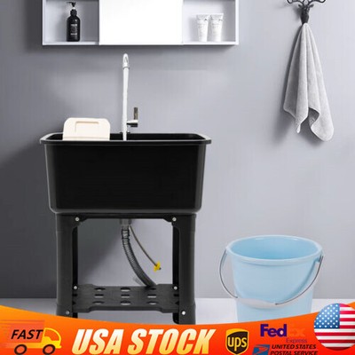 Laundry Tub Plastic Single White Basin Utility Sink Bowl with Faucet & Basement
