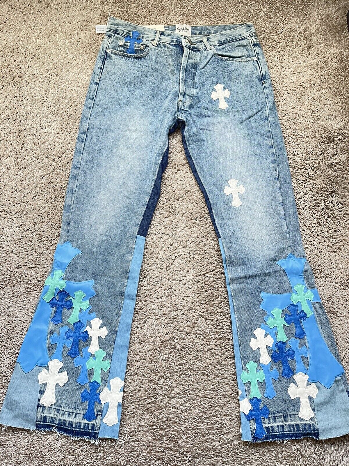 Chrome Hearts White & Blue Leather Cross Patches Jeans - SRM