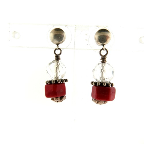 Clear Crystal and Red Glass Bead Dangle Leverback Earrings 925 Silver - Picture 4 of 4