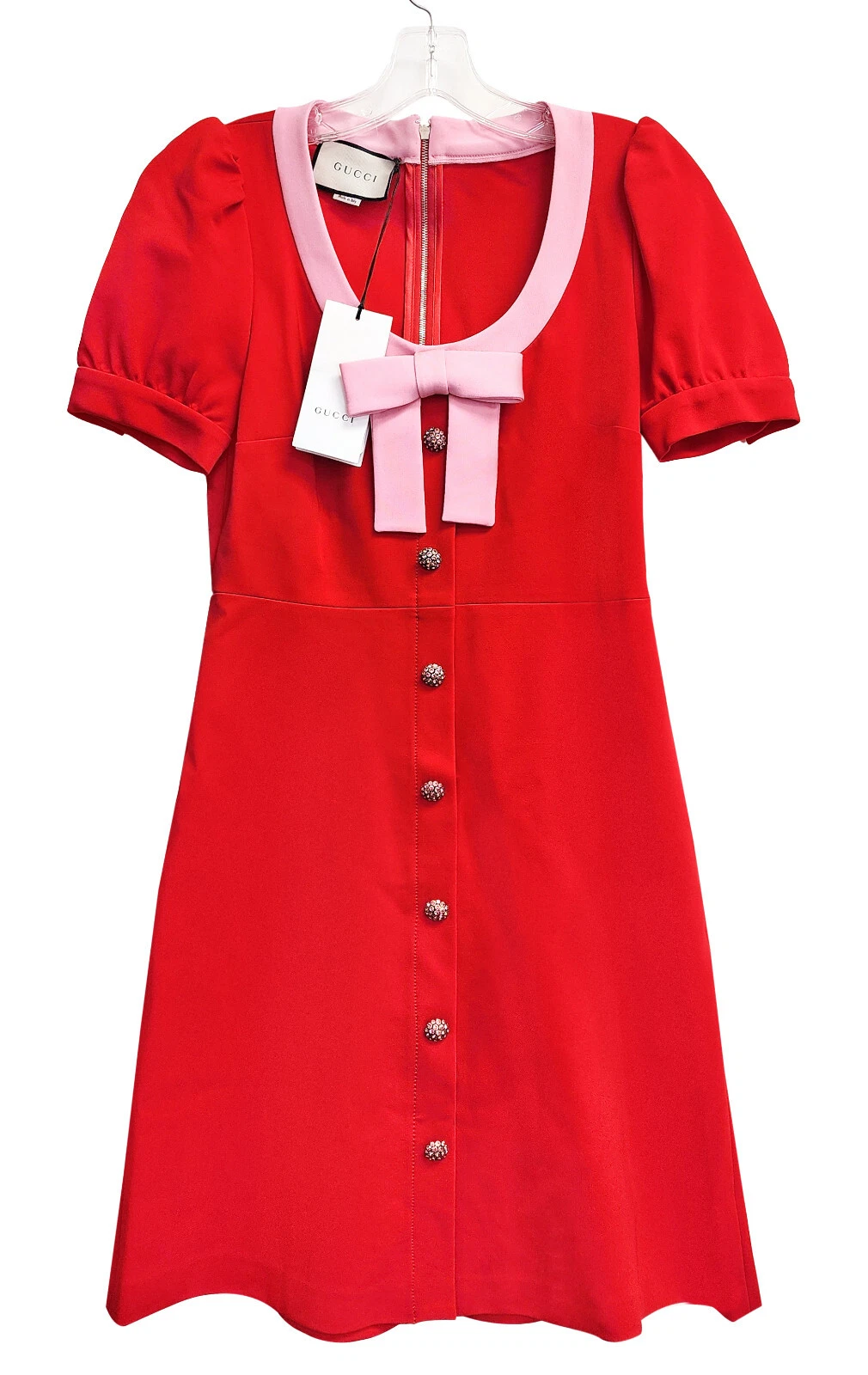 Mini robe rouge femme Gucci col nœud manches courtes ligne A taille M   Made in Italy