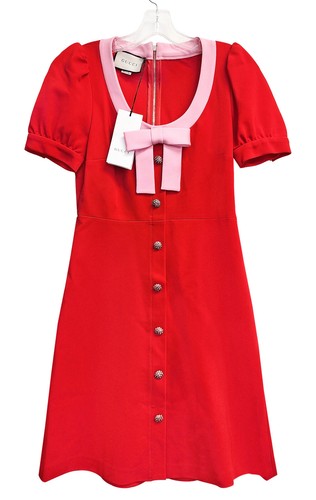 Gucci Women's Bow Neck Short Sleeve A-Line Mini Dress Red Size M - Made in Italy