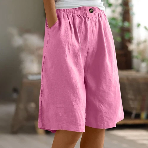 Pantalones cortos para mujer color liso bolsillo abotonado capris cintura elástica sueltos - Imagen 26 de 66