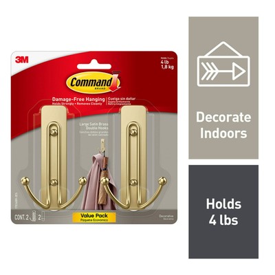 Command Large Double Wall Hooks, Satin Brass, Damage Free Decorating, 2 Hooks