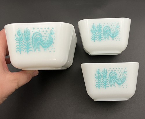 Vtg Pyrex Turquoise Amish Butterprint Lidded Refrigerator Dish Set of 4 (8-PCs) - Picture 4 of 24