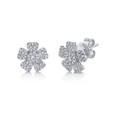 14K White Gold Diamond Flower Earrings Stud Womens Pushback Round Cut Natural