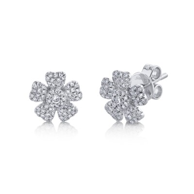 14K Weißgold Diamant Blume Ohrringe Ohrstecker Damen Pushback Rundschliff Natur