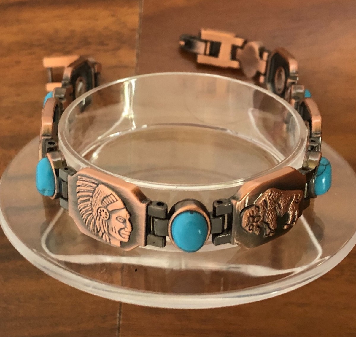 Native American Style Antique Copper Magnetic Bracelet Turquoise