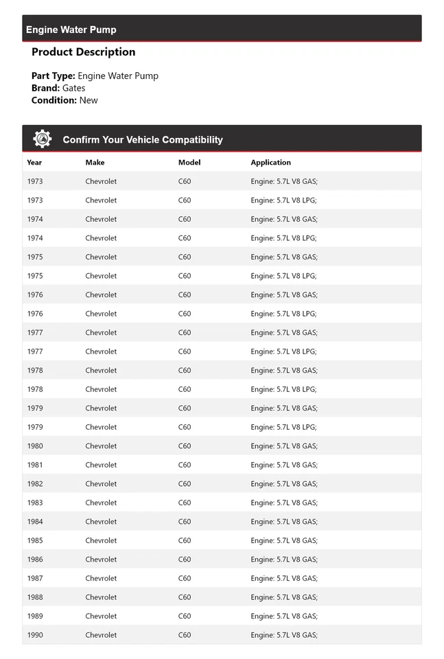 For 1973-1990 Chevrolet C60 Engine Water Pump Gates 1974 1975 1976 1977 1978 - Image 2 of 4