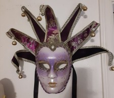 Vintage Full Face Mardi Gra Masks Purple and Gold - Used as wall art
