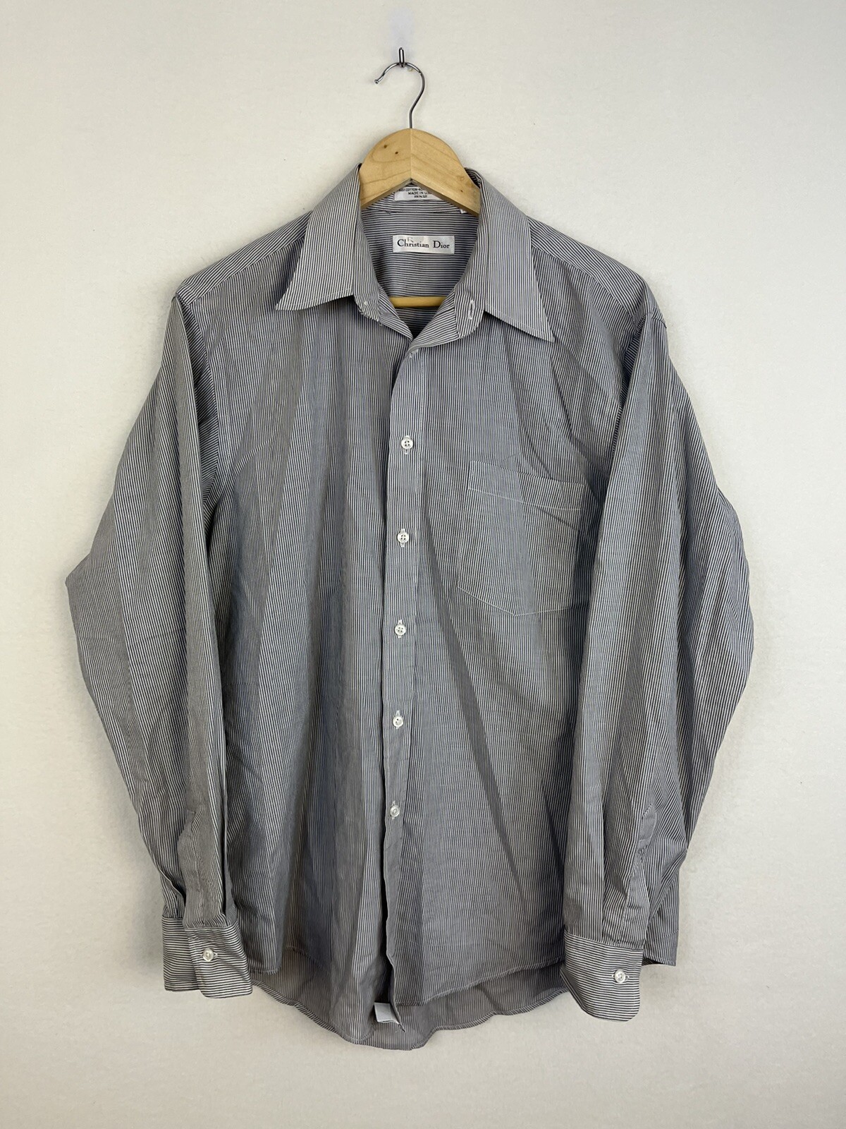 VTG Christian Dior Button Down Dress Shirt Gray Striped 16 Long