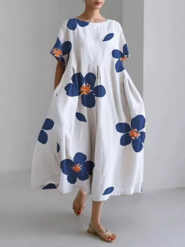 Damen Retro Rundhalsausschnitt Druck Kurzarm Rock Sommer Locker Lang Maxikleid - Bild 3 von 21
