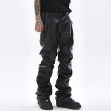 Uomo Metallizzato Lucido Nero Finto Pelle Pantaloni Increspatura Gotico Wet Look