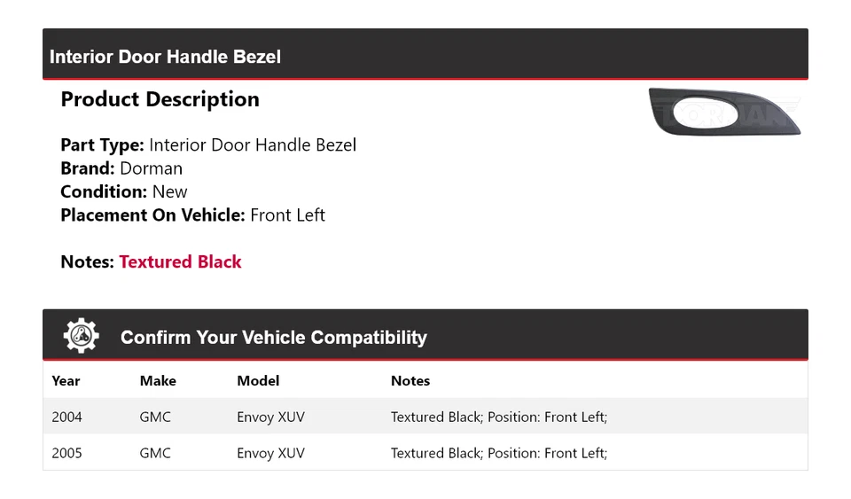 Bisel manija puerta interior delantero izquierdo GMC Envoy XUV Dorman 2004-2005 Foto 2 de 4
